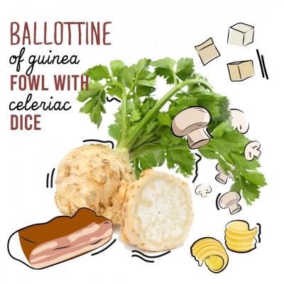 Ballottine of guinea fowl with celeriac dice by Belgian chef Corentin Rochez