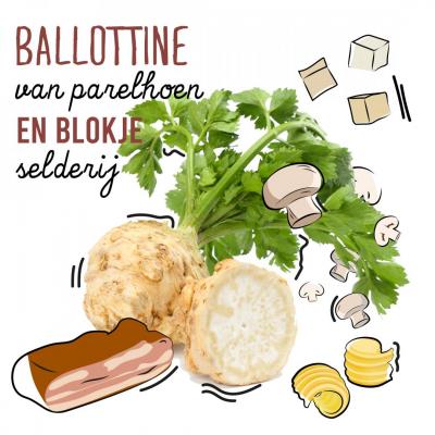 Ballottine van parelhoen en blokje selderij met de Belgische chef Corentin Rochez
