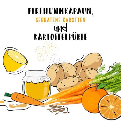 Perlhuhnkapaun, gebratene Karotten und Kartoffelpüree 