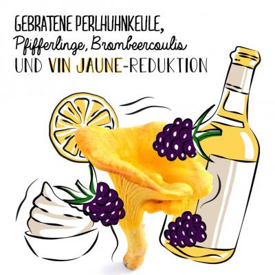 Gebratene Perlhuhnkeule, Pfifferlinge, Brombeercoulis und Vin Jaune-Reduktion 