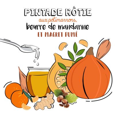 Pintade rôtie aux potimarrons, beurre de mandarine et magret fumé