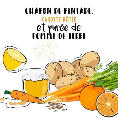 Chapon de pintade, carottes rôties et purée de pommes de terre 