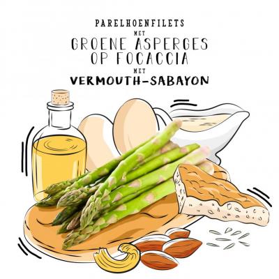 Parelhoenfilets met groene asperges op focaccia met vermouth-sabayon