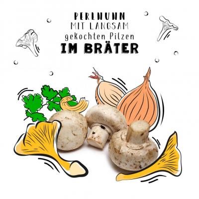 Perlhuhn mit langsam gekochten Pilzen im Bräter