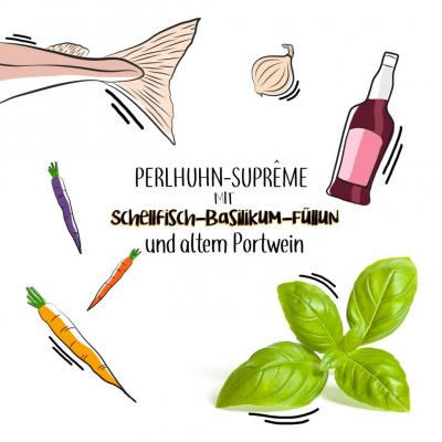 Perlhuhn-Suprême mit Schellfisch-Basilikum-Füllung, schonend gegart, Miso-Basilikum-Jus mit altem Portwein, Basilikum-Polenta