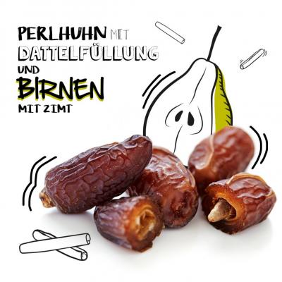 Perlhuhn mit Dattelfüllung und Birnen mit Zimt