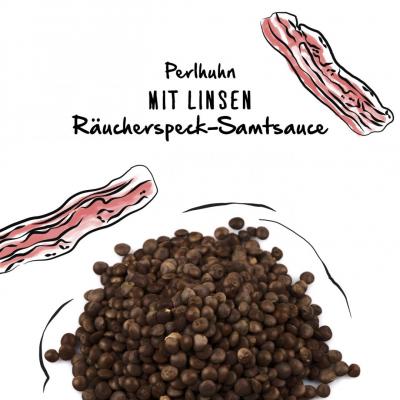 Perlhuhn mit Linsen, Räucherspeck-Samtsauce