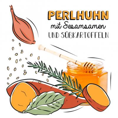 Perlhuhn mit Sesamsamen und Süßkartoffeln 