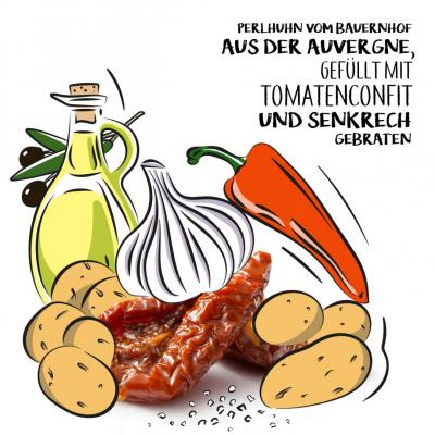Perlhuhn vom Bauernhof aus der Auvergne, gefüllt mit Tomatenconfit und senkrecht gebraten 