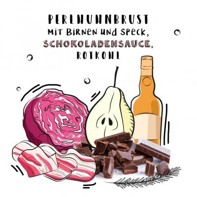 Perlhuhnbrust mit Birnen und Speck, Schokoladensauce, Rotkohl