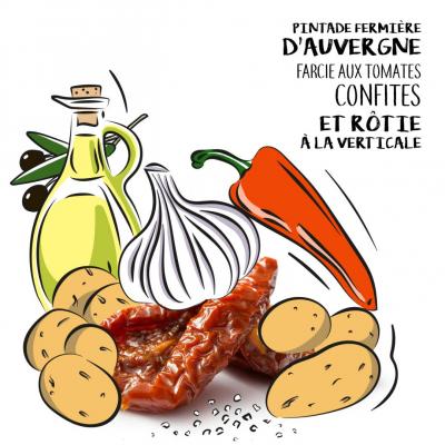 Pintade fermière d’Auvergne farcie aux tomates confites et rôtie à la verticale 