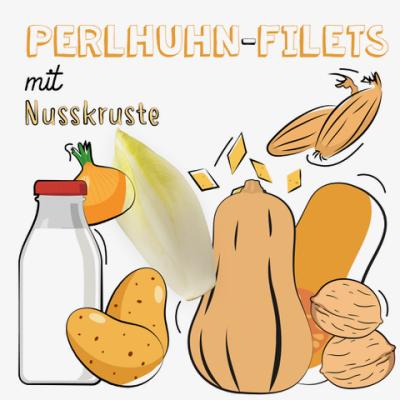 Perlhuhn-Filets mit Nusskruste, geschmortem Chicoree und Butternut-Püree