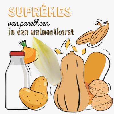 Suprêmes van parelhoen in een walnootkorst, gestoofde witlof en butternutpuree