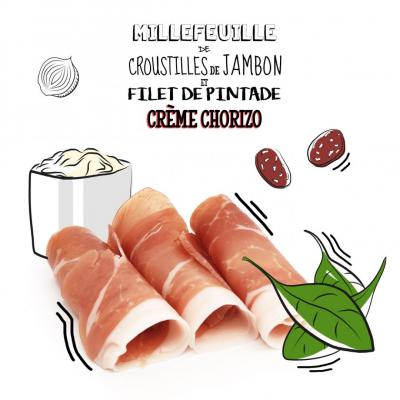 Millefeuille de croustilles de jambon et filet de pintade, crème chorizo