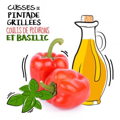 Cuisses de pintade grillées, coulis de poivrons et basilic