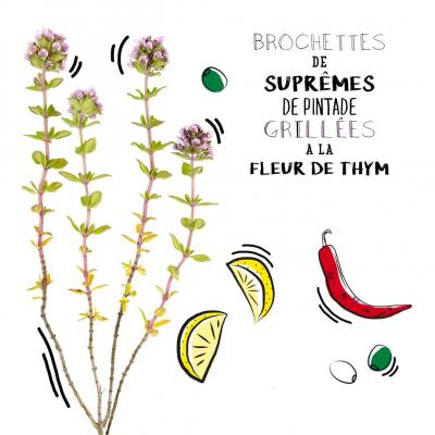 Brochettes de suprêmes de pintade grillées à la fleur de thym