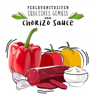 Perlhuhnstreifen, südliches Gemüse und Chorizo-Sauce 