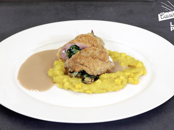 Cordon bleu guinea fowl leg with spinach and goat’s cheese